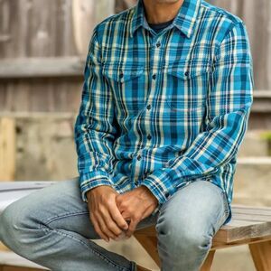 Outerknown Mens Blanket Plaid Shacket M Blue Yellow NEW Heavy Flannel Shirt